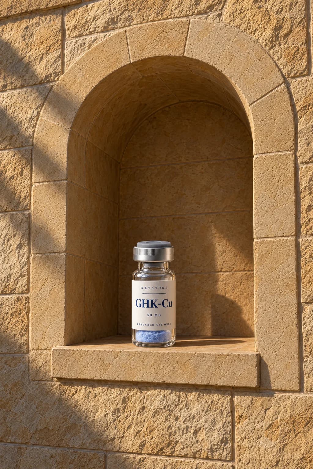 Keystone GHK-Cu research vial on a sandstone ledge