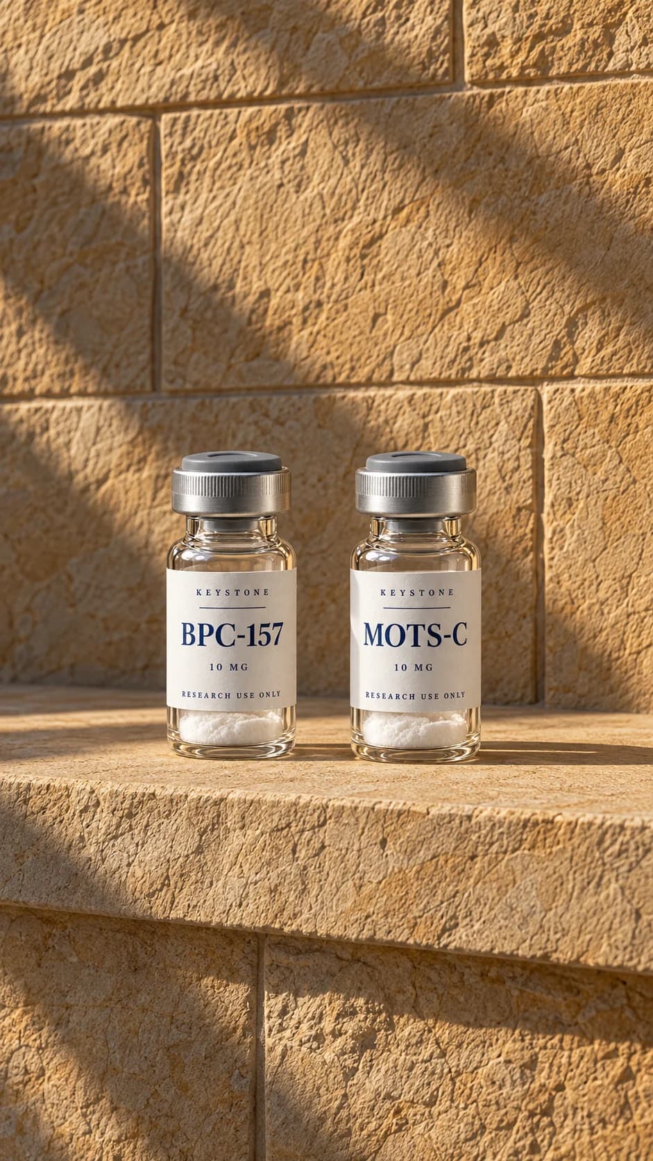 Keystone BPC-157 and MOTS-C research vials on a sandstone ledge